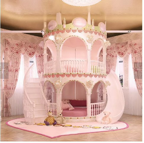Bedroom, Princess Girl Slide Children Bed , Lovely Single Pink Castle Bed
